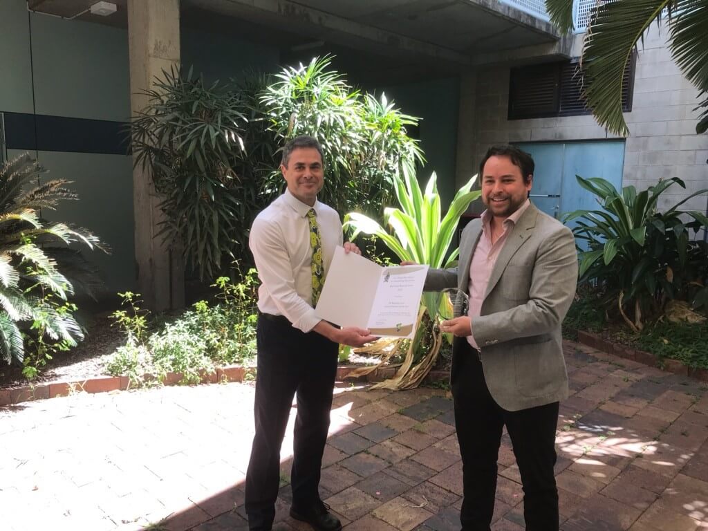 Dr Jones being presented with the 2020 Vice Chancellor's Award for Research Excellence (mid-career) at Central Queensland University.